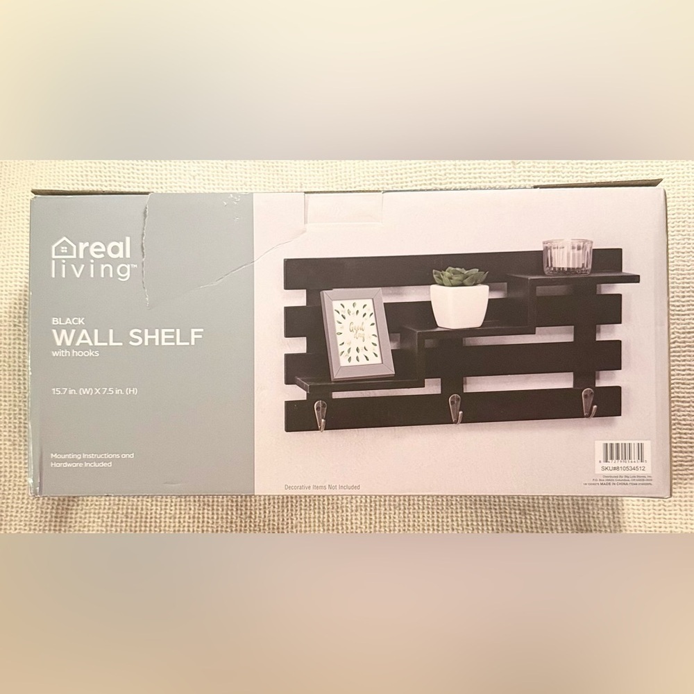 Real Living Black Wall Shelf with Hooks
